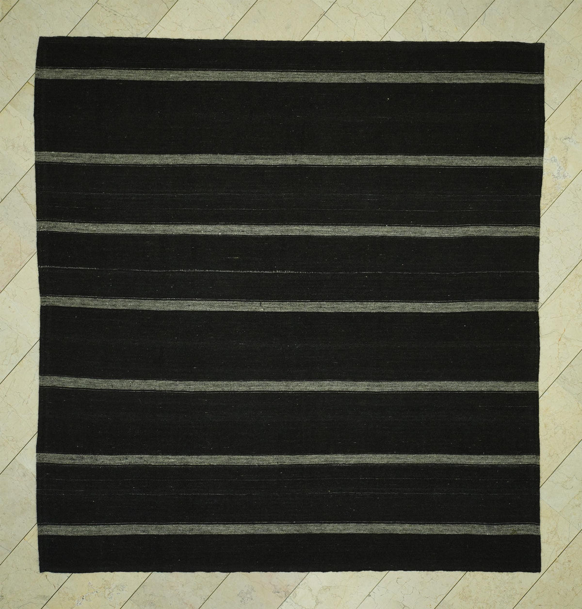 Oversize Striped Turkish Kilim Rug: 8.4x9.1 Feet,Dark Brown And Gray Goat Hair Rugs.