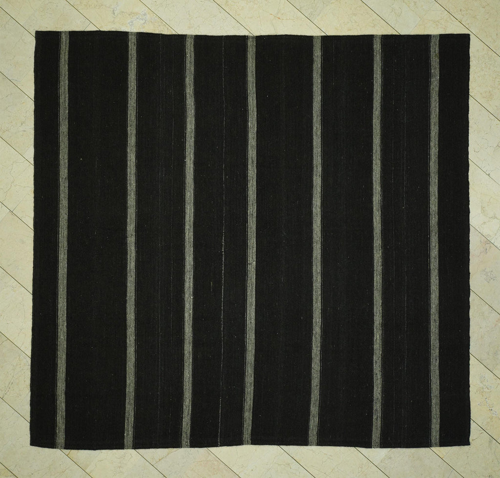 Oversize Striped Turkish Kilim Rug: 8.4x9.1 Feet,Dark Brown And Gray Goat Hair Rugs.