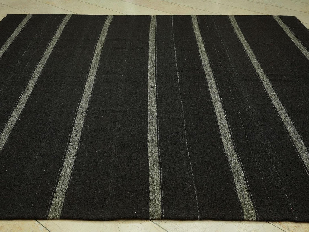 Oversize Striped Turkish Kilim Rug: 8.4x9.1 Feet,Dark Brown And Gray Goat Hair Rugs.