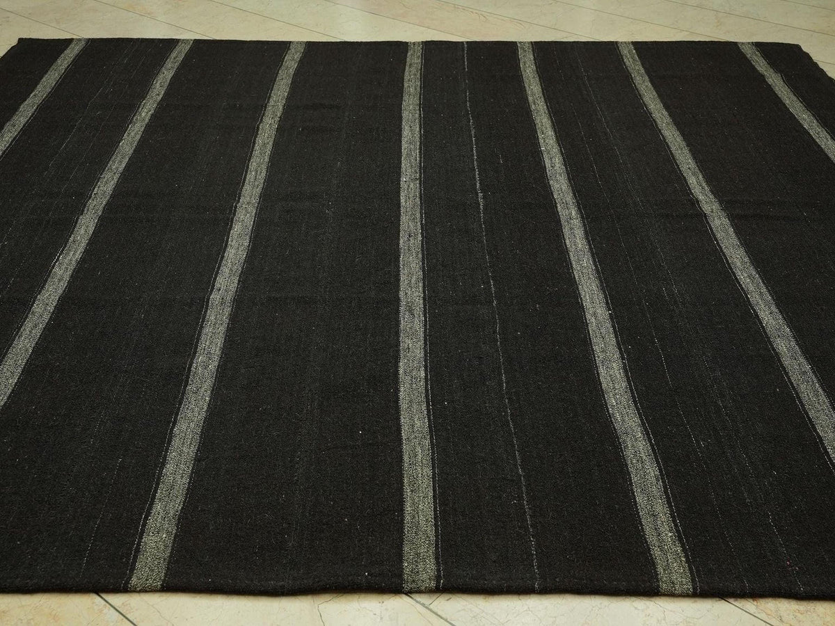 Oversize Striped Turkish Kilim Rug: 8.4x9.1 Feet,Dark Brown And Gray Goat Hair Rugs.