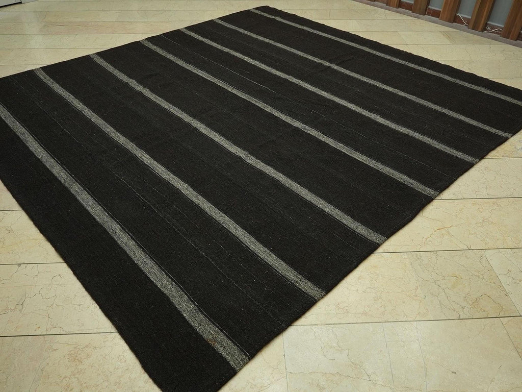 Oversize Striped Turkish Kilim Rug: 8.4x9.1 Feet,Dark Brown And Gray Goat Hair Rugs.