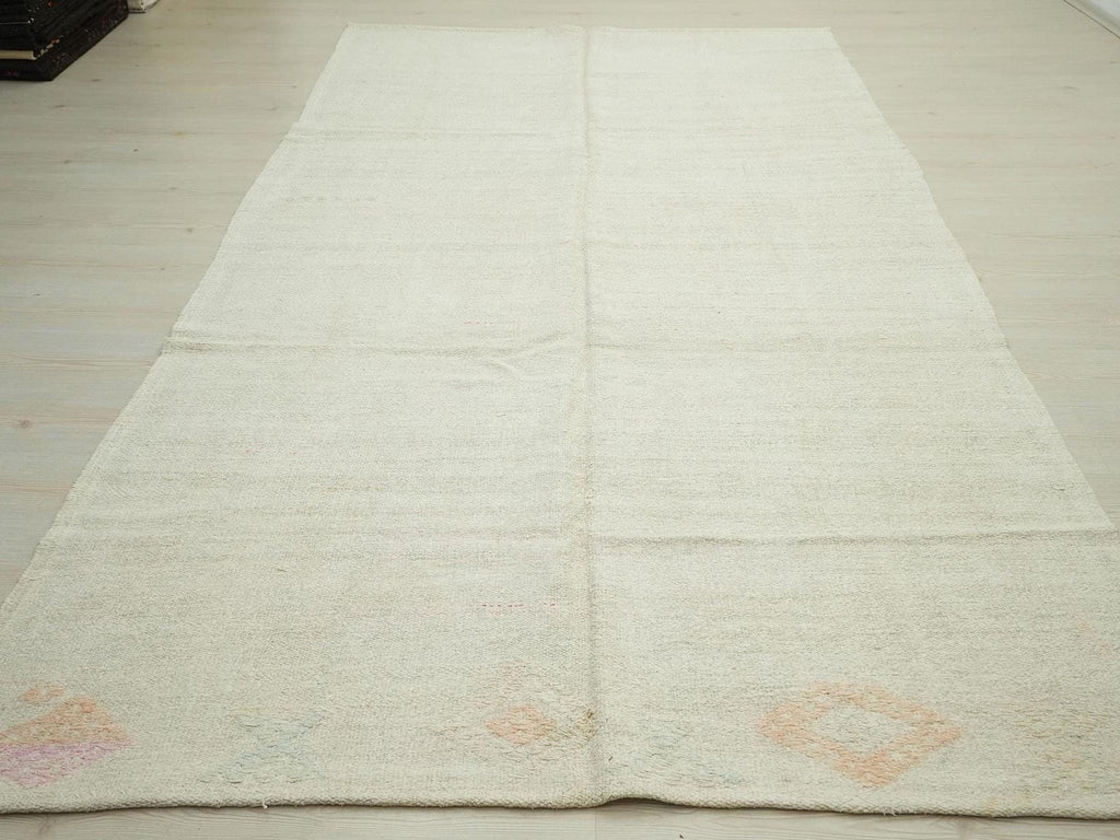 Vintage Hemp Kilim Rug: Scandinavian Style, Cream White Rugs 5.10"x10.4" Ft.
