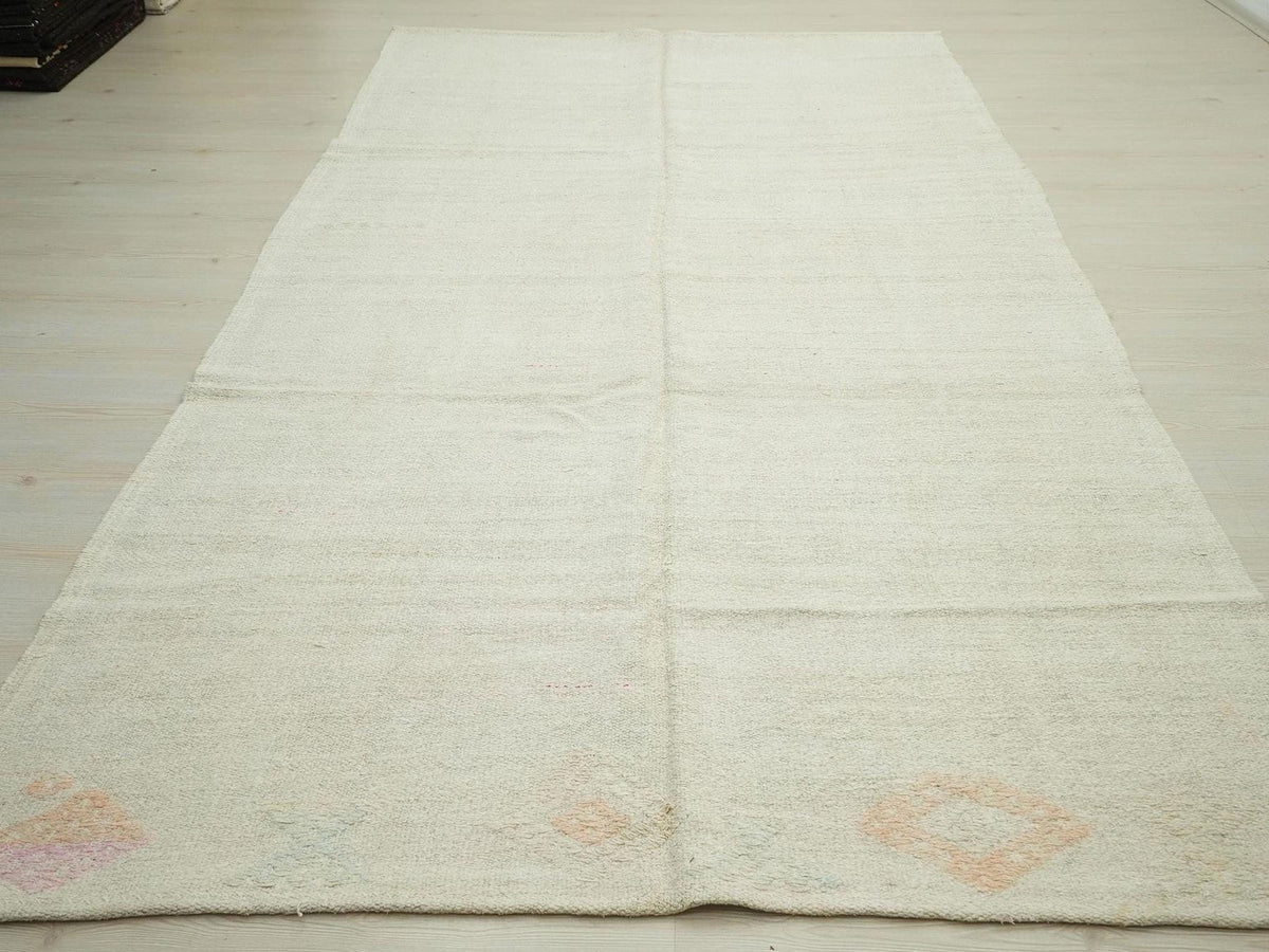 Vintage Hemp Kilim Rug: Scandinavian Style, Cream White Rugs 5.10"x10.4" Ft.