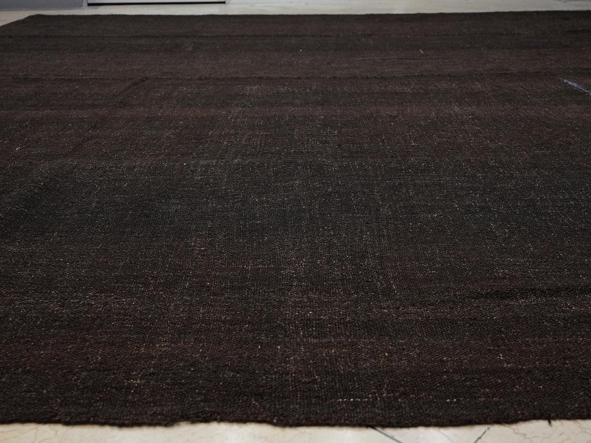 Plain Dark Brown-Natural Goat Hair Kilim Rug: 12.5x11.2 Feet,Oversize Nomadic Tent Rugs.