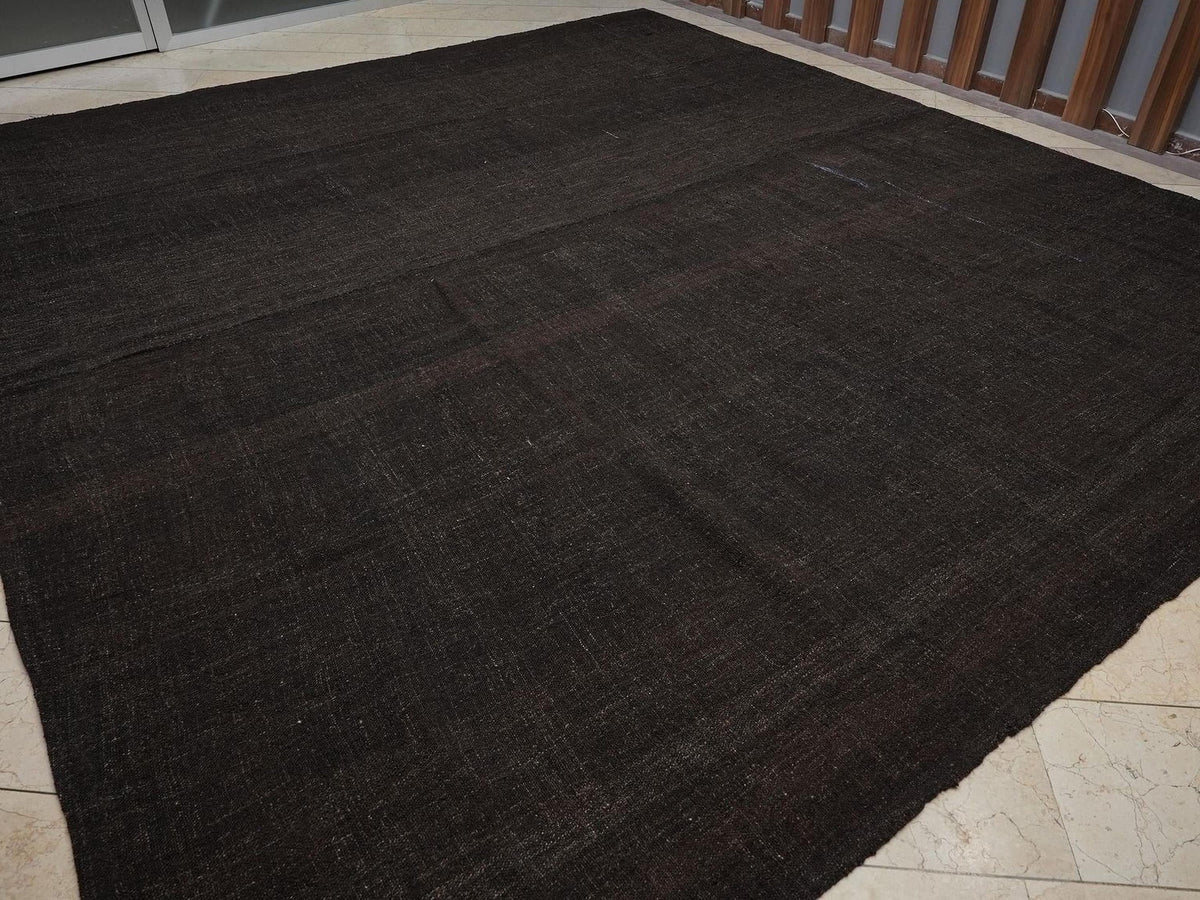 Plain Dark Brown-Natural Goat Hair Kilim Rug: 12.5x11.2 Feet,Oversize Nomadic Tent Rugs.
