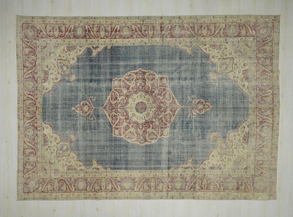 8x11 Oversize Old Turkish Oushak Rug: Modern Vintage Navy Blue Carpet - Home Living Rugs.
