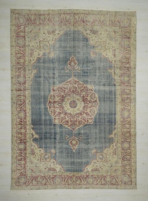 8x11 Oversize Old Turkish Oushak Rug: Modern Vintage Navy Blue Carpet - Home Living Rugs.