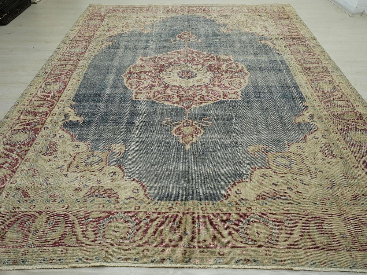 8x11 Oversize Old Turkish Oushak Rug: Modern Vintage Navy Blue Carpet - Home Living Rugs.