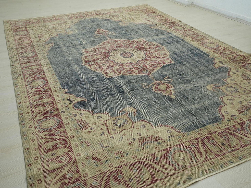 8x11 Oversize Old Turkish Oushak Rug: Modern Vintage Navy Blue Carpet - Home Living Rugs.