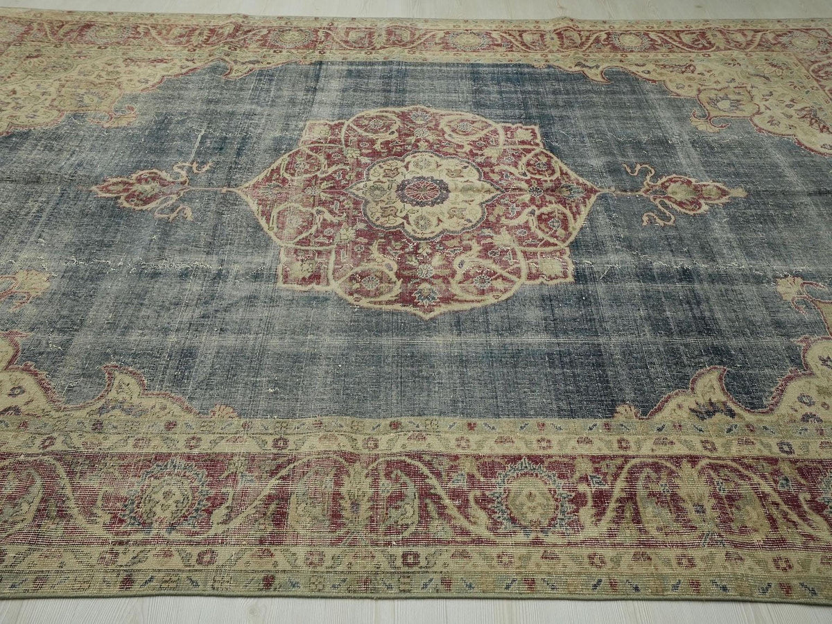 8x11 Oversize Old Turkish Oushak Rug: Modern Vintage Navy Blue Carpet - Home Living Rugs.