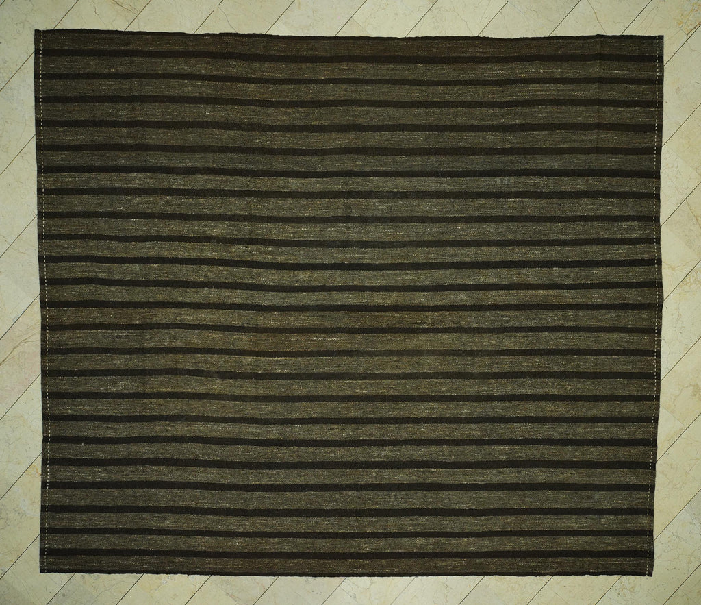 Oversize Striped Pattern Natural Goat Hair Kilim Rug: 10.3x11.9 Feet,Brown & Gray Turkish Rugs.