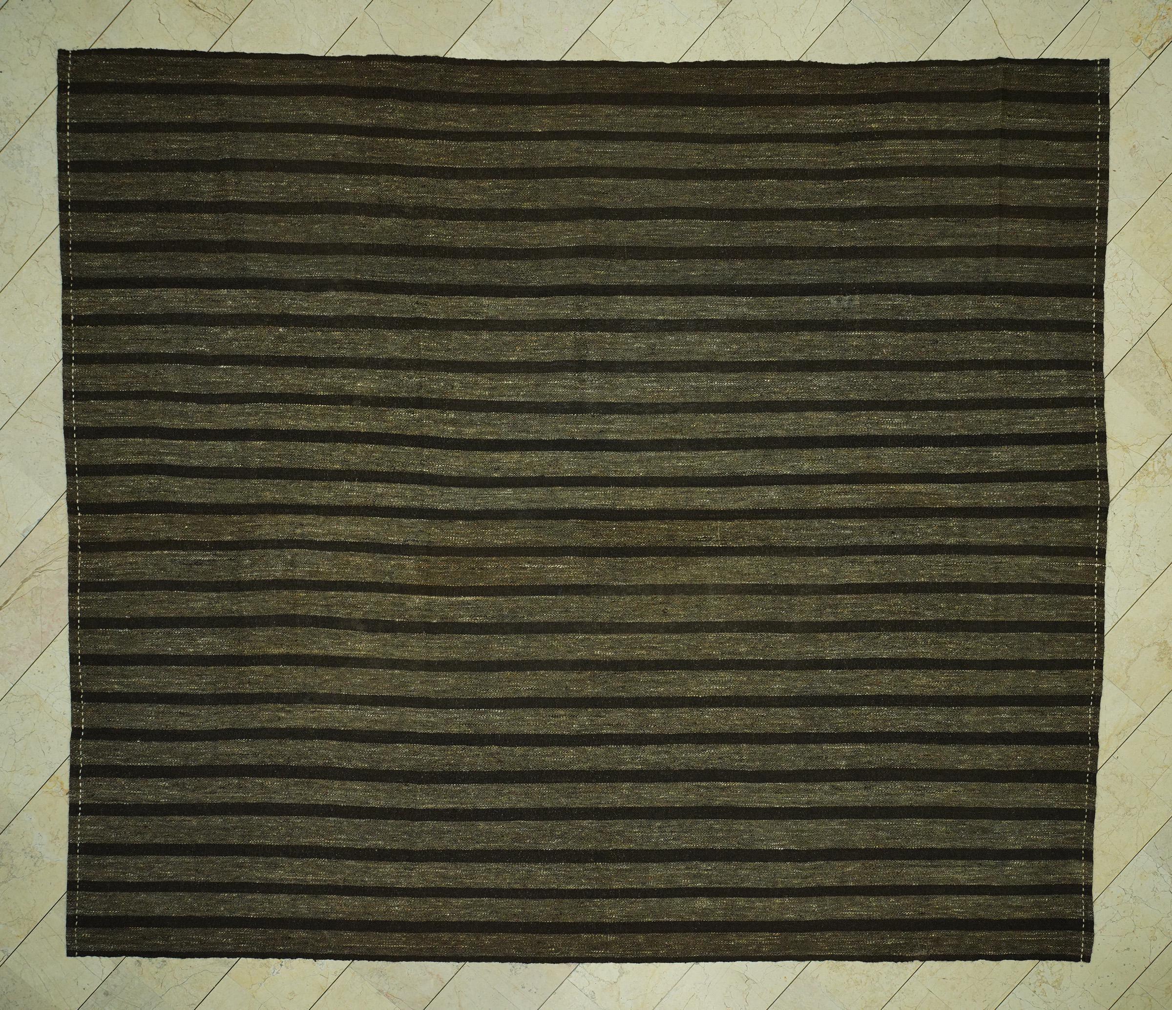Oversize Striped Pattern Natural Goat Hair Kilim Rug: 10.3x11.9 Feet,Brown & Gray Turkish Rugs.