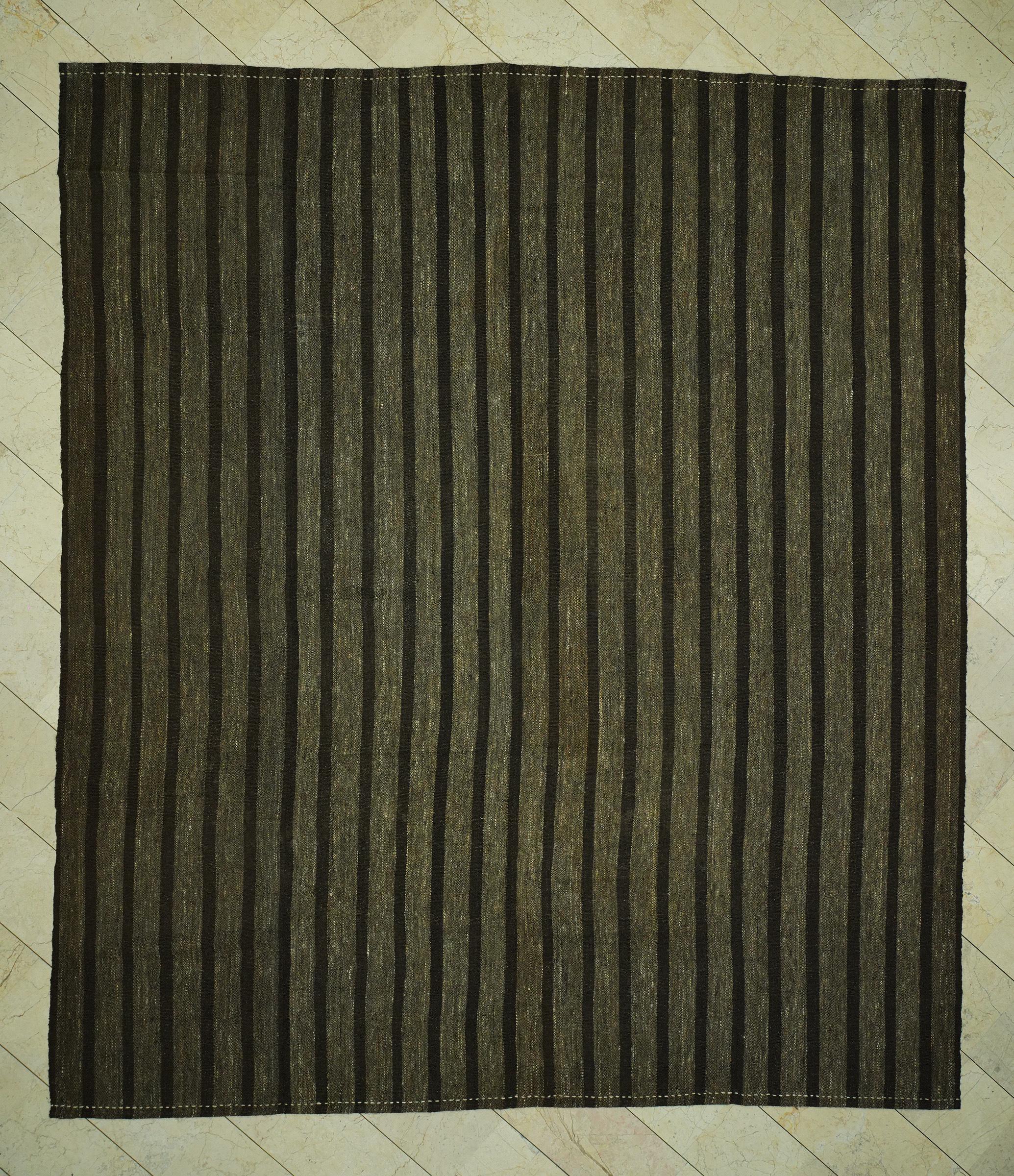 Oversize Striped Pattern Natural Goat Hair Kilim Rug: 10.3x11.9 Feet,Brown & Gray Turkish Rugs.