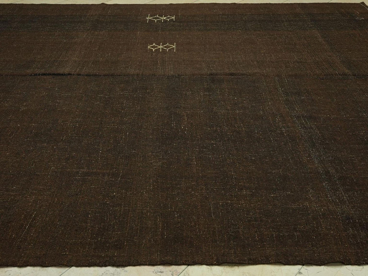 Plain Natural Brown Goat Hair Turkish Kilim Rug: 9.6x11 Feet,Oversize Flat Woven Rugs.