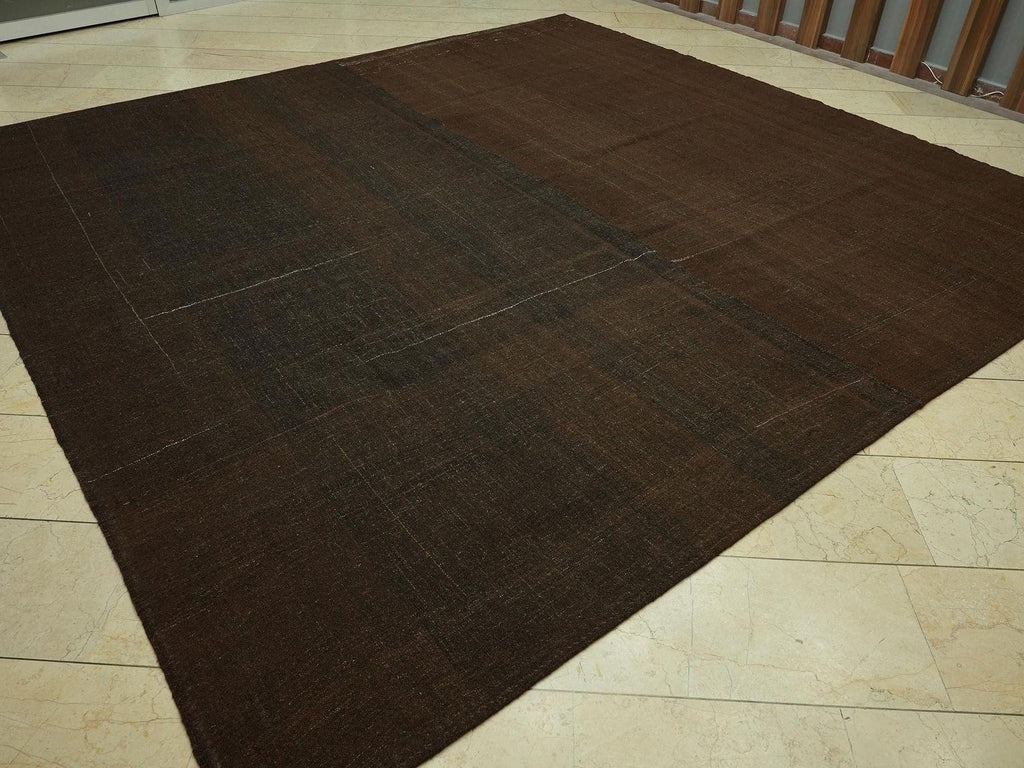 Plain Brown Natural Goat Hair Rug: Square Size 10.4x10.6 Feet,Turkish Oversize Kilim Rugs.