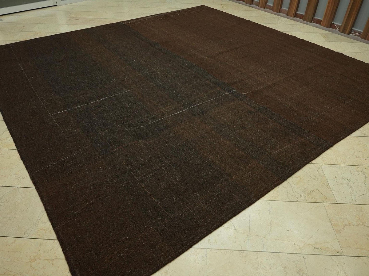 Plain Brown Natural Goat Hair Rug: Square Size 10.4x10.6 Feet,Turkish Oversize Kilim Rugs.