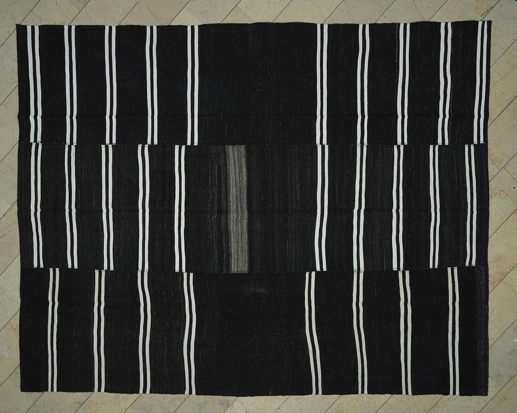 Large Dark Brown Goat Hair Kilim Rug: 10x12.4 ft Vintage Turkish Flat Woven Rugs