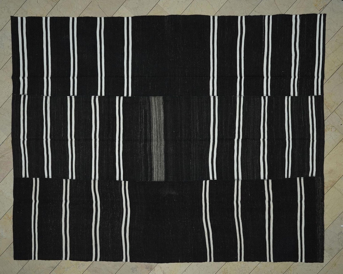 Large Dark Brown Goat Hair Kilim Rug: 10x12.4 ft Vintage Turkish Flat Woven Rugs