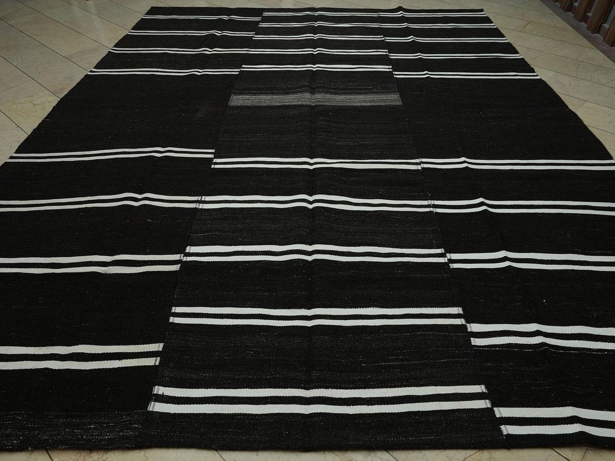 Large Dark Brown Goat Hair Kilim Rug: 10x12.4 ft Vintage Turkish Flat Woven Rugs
