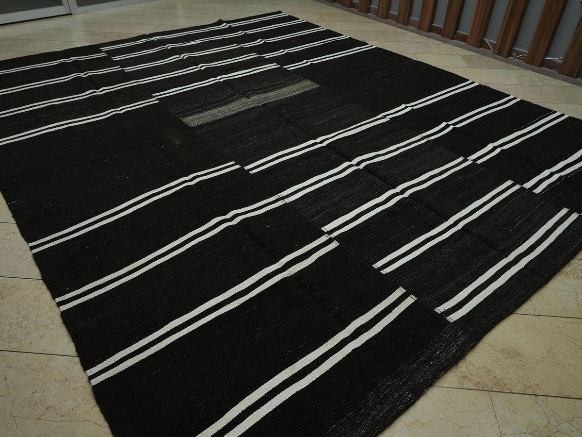 Large Dark Brown Goat Hair Kilim Rug: 10x12.4 ft Vintage Turkish Flat Woven Rugs