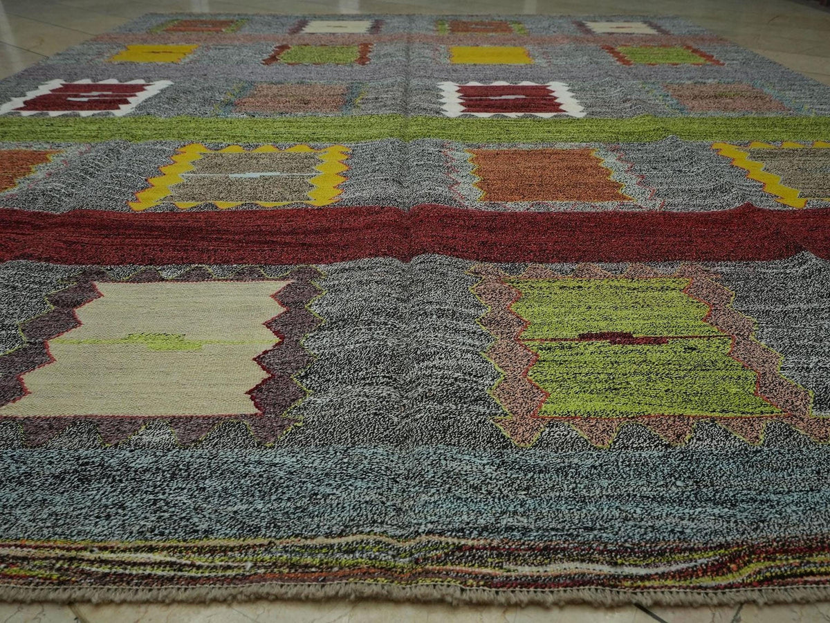 Gray Turkish Kilim Rug: 8x10 Flat Weave Cotton Goat Hair Rugs.