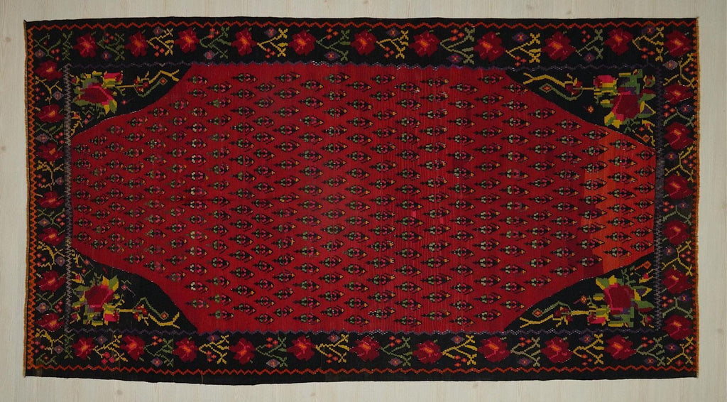 Antique Armenian Kilim Rug: Red & Black Flat Woven Rugs, 5.8x10.8 ft