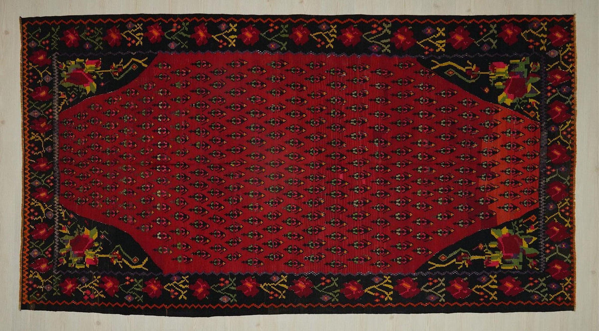 Antique Armenian Kilim Rug: Red & Black Flat Woven Rugs, 5.8x10.8 ft