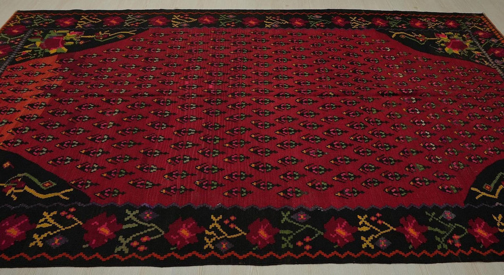 Antique Armenian Kilim Rug: Red & Black Flat Woven Rugs, 5.8x10.8 ft