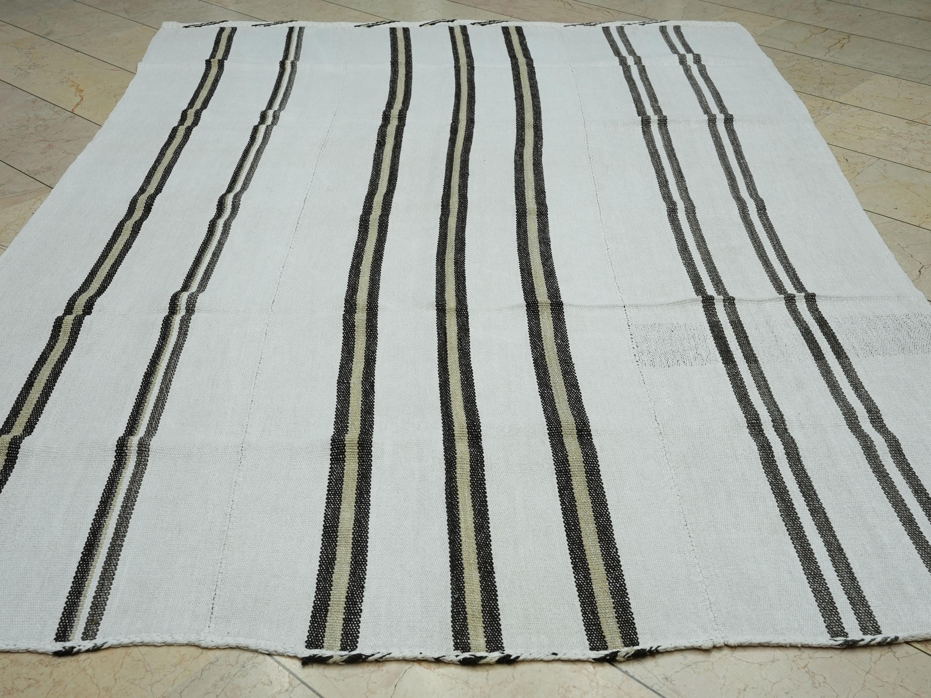 Mid-Century Modern Hemp Kilim Rug: Vertical Brown Stripe, Flat Weave Rugs 6,6"x9,2" Ft.