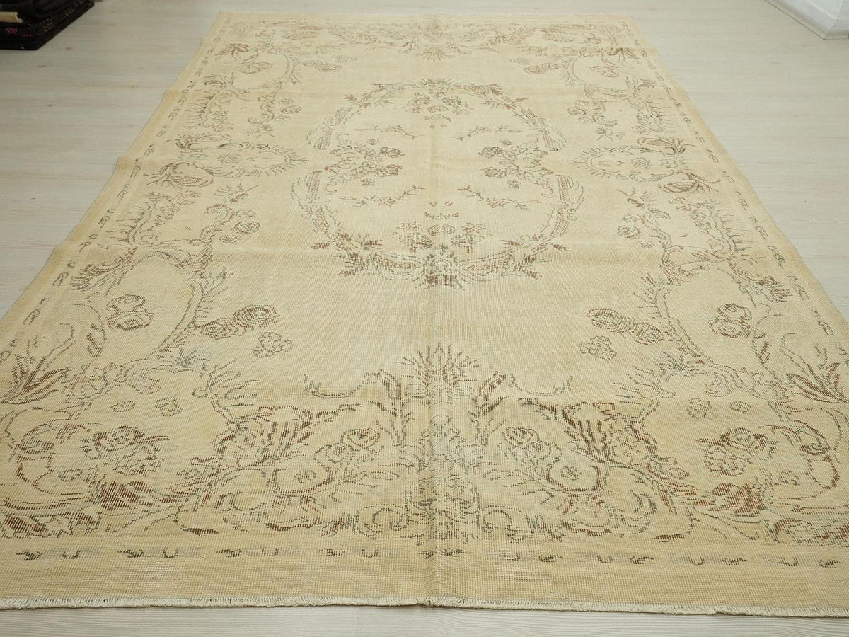 Vintage Turkish Oushak Rug: 6.8x10.7 Feet,Seasonal Decor Neutral Colors Area Rugs