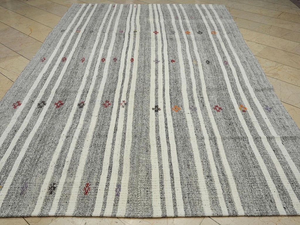 Handmade Turkish Wool & Cotton Rug,Gray Geometric Modern Boho Style-Artisan Home Decor Rugs 8x12