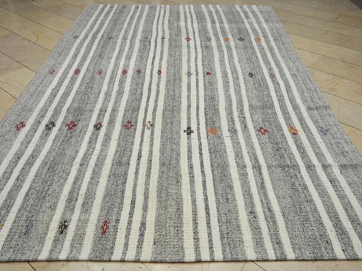 Handmade Turkish Wool & Cotton Rug,Gray Geometric Modern Boho Style-Artisan Home Decor Rugs 8x12