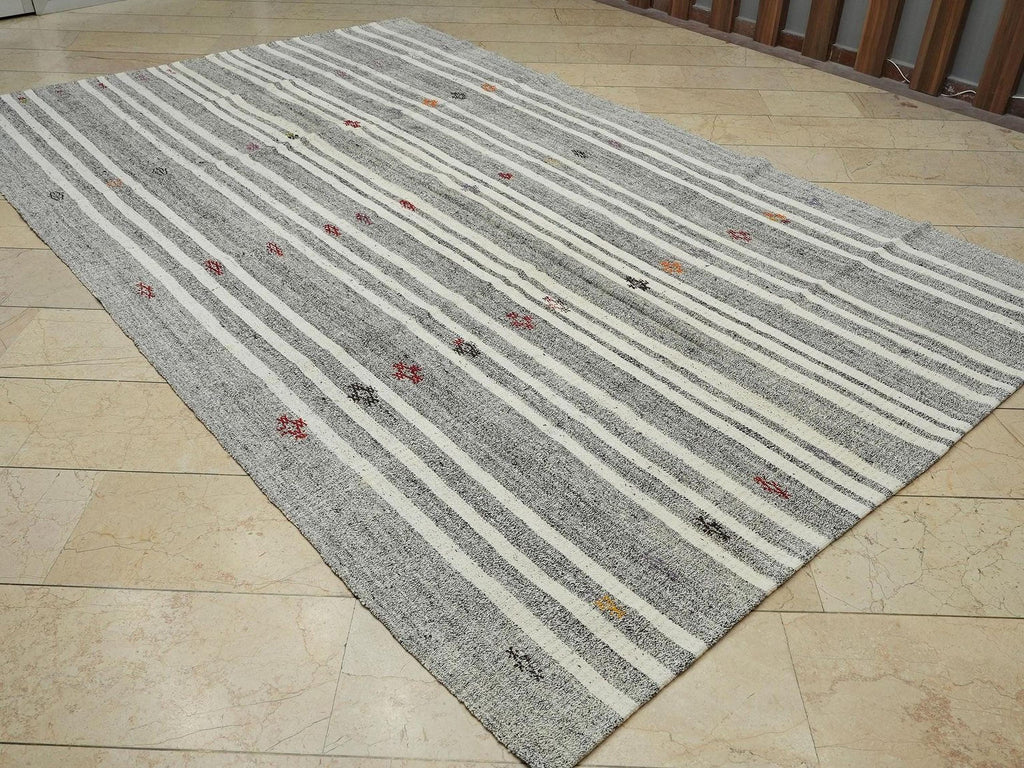 Handmade Turkish Wool & Cotton Rug,Gray Geometric Modern Boho Style-Artisan Home Decor Rugs 8x12
