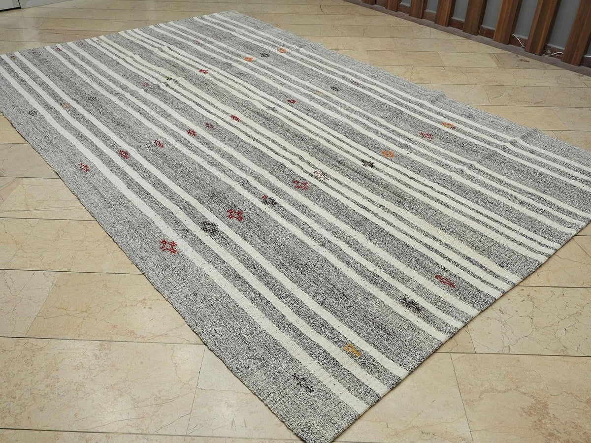 Handmade Turkish Wool & Cotton Rug,Gray Geometric Modern Boho Style-Artisan Home Decor Rugs 8x12