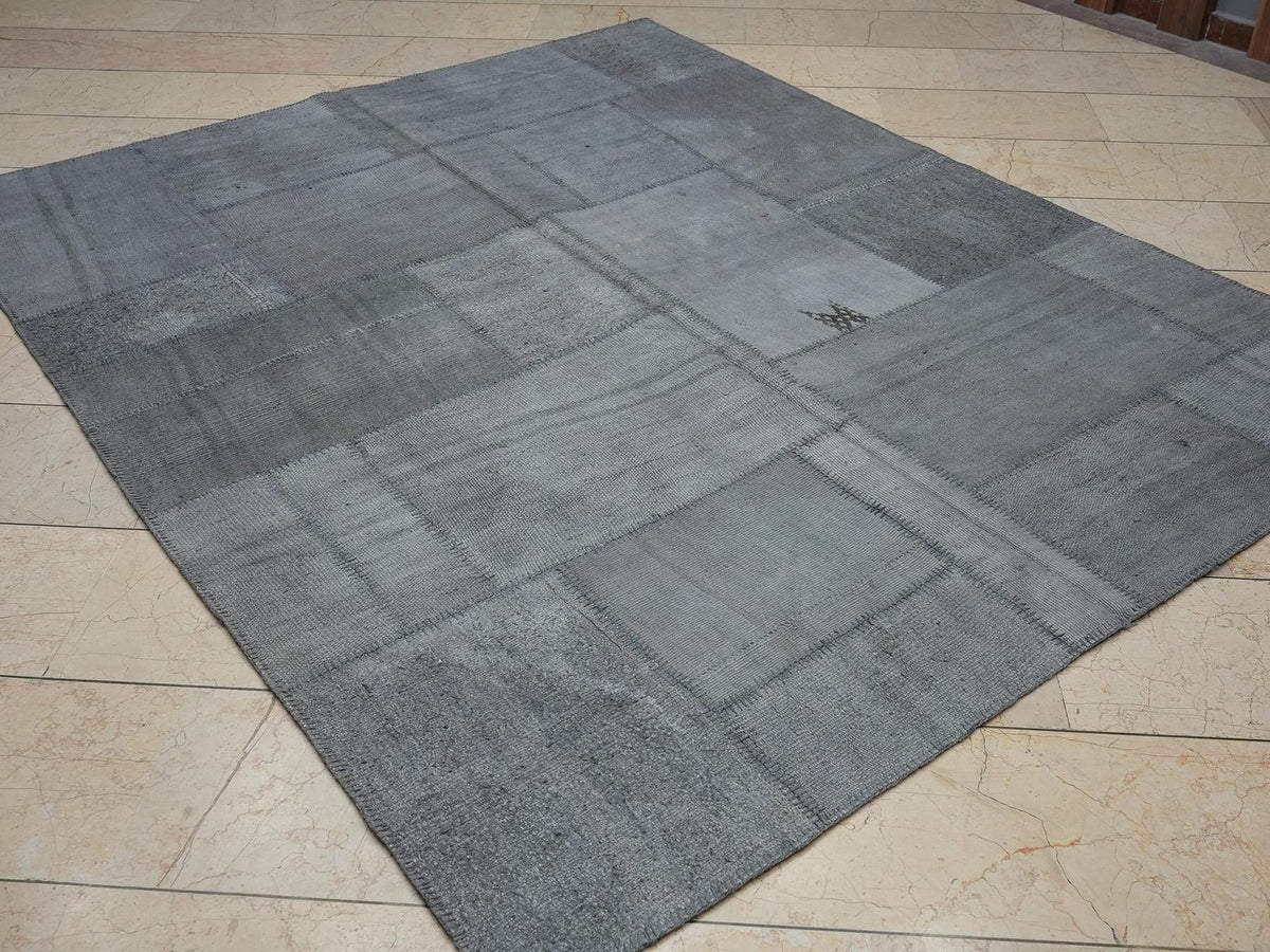 Overdyed Gray Hemp Patchwork Kilim Rug: Mid-Century Modern Turkish Rugs 6.2x7.8 ft.