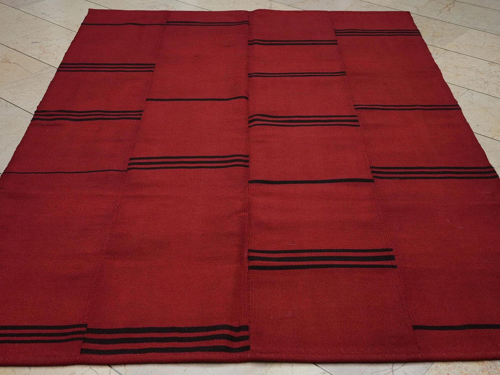 Overdye Red Flat-weave Turkish Rug-5.2x7.3 Ft,Moody Decor Kilim Rugs.