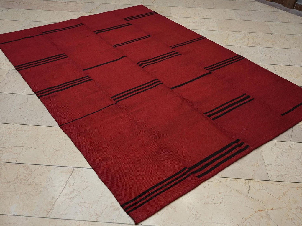 Overdye Red Flat-weave Turkish Rug-5.2x7.3 Ft,Moody Decor Kilim Rugs.