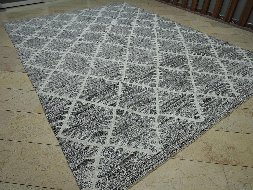 9x12 Gray Geometric Design Kilim Rug: Hemp & Goat Hair, Minimalist Decor Rugs.