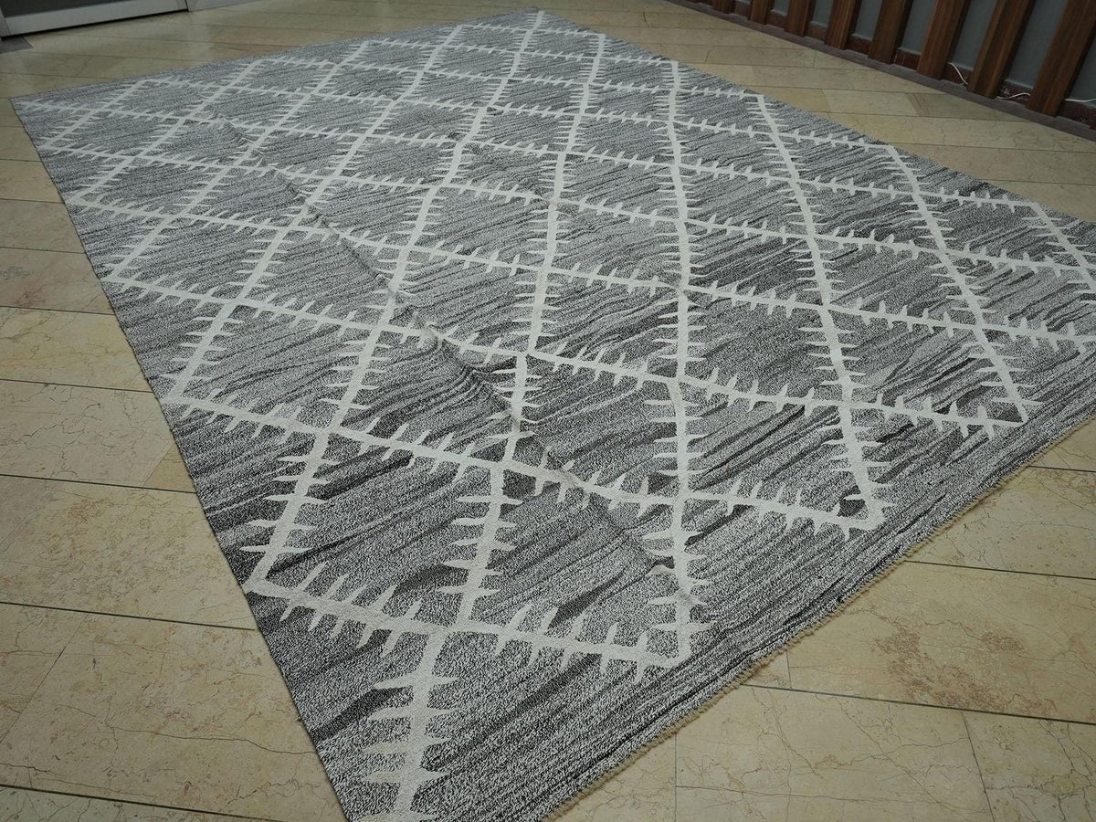 9x12 Gray Geometric Design Kilim Rug: Hemp & Goat Hair, Minimalist Decor Rugs.