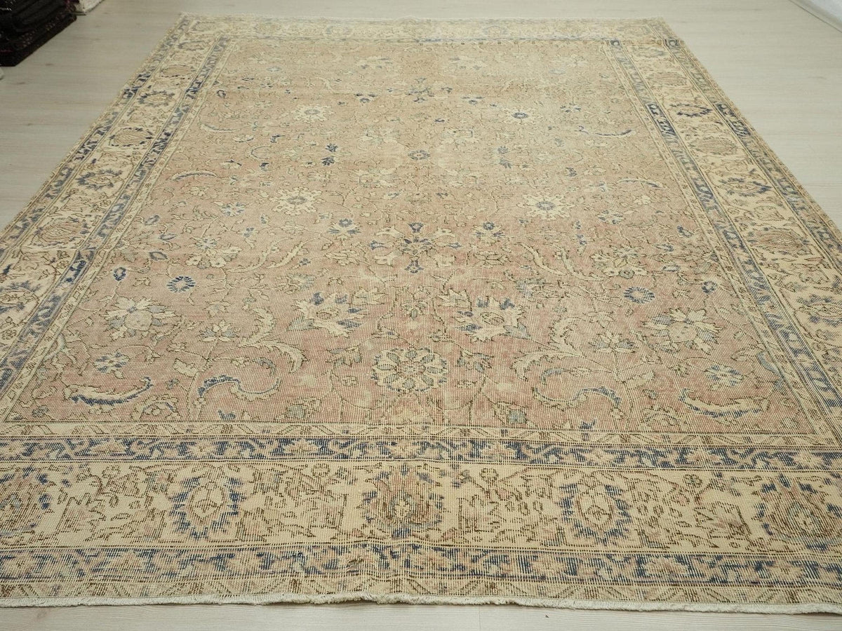 8x11 Old Turkish Oushak Rug: Scandinavian Home Style Vintage Handwoven Wool Area Rugs.