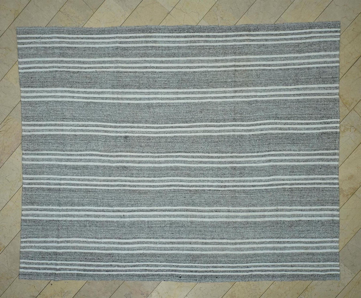White Stripe Gray Kilim Rug: 9x11 Turkish Flat Woven Rugs,Vintage Style Decor.