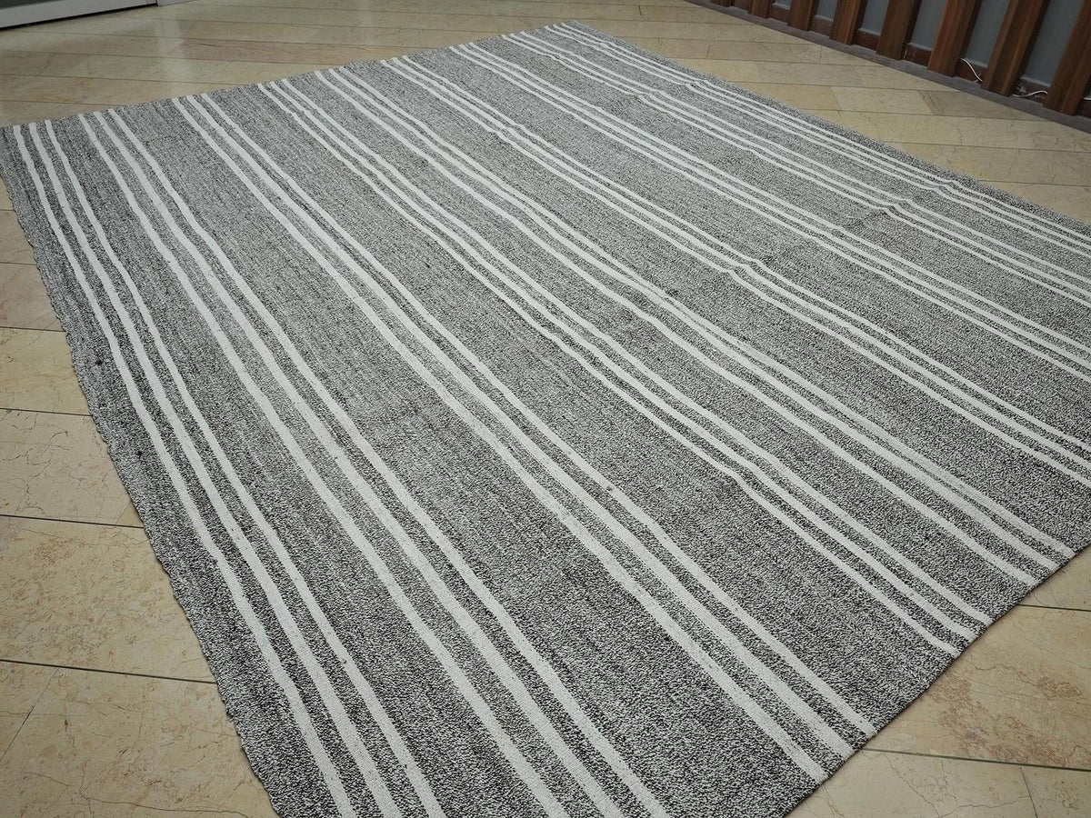 White Stripe Gray Kilim Rug: 9x11 Turkish Flat Woven Rugs,Vintage Style Decor.