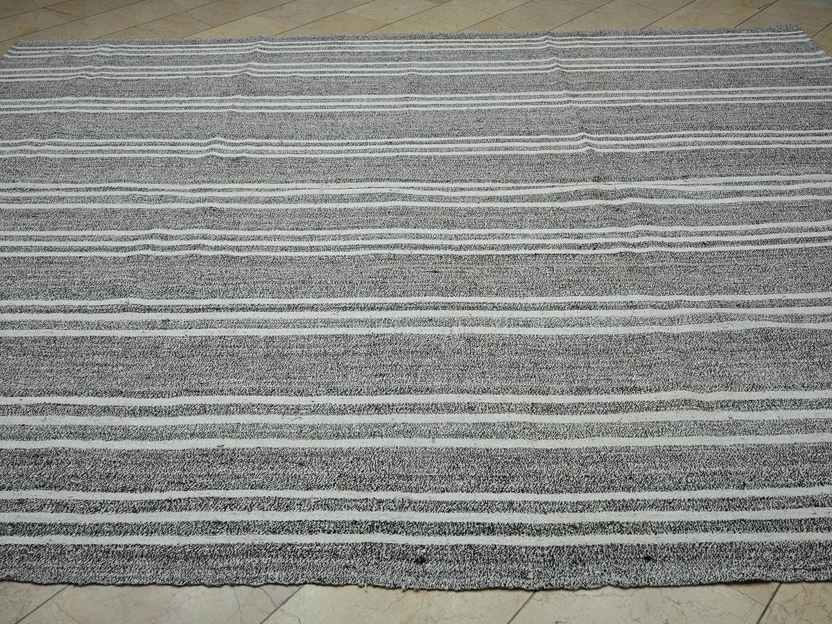 White Stripe Gray Kilim Rug: 9x11 Turkish Flat Woven Rugs,Vintage Style Decor.