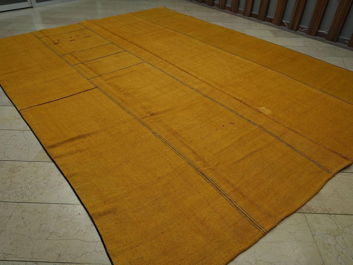 Overdye Saffron Hemp Kilim Rug: Turkish Flat Weave, Minimalist Decor Rugs,10x13 Ft