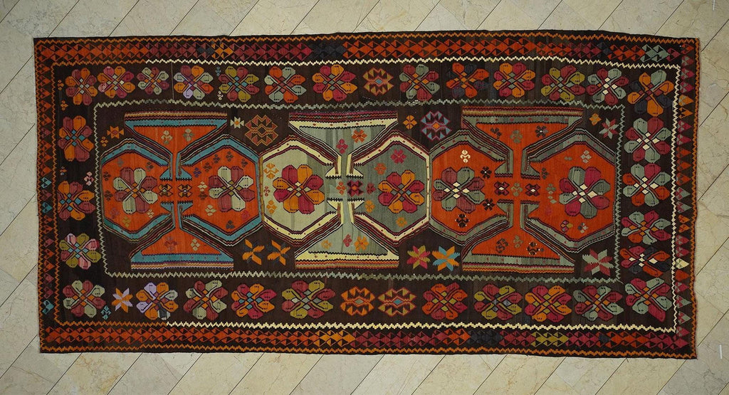 7x15 Old Turkish Kilim Rug: Flat Woven Wool Area Primitive Ethnic Decor Rugs.