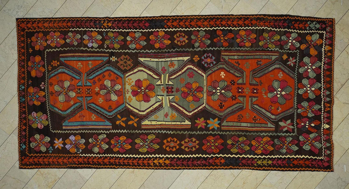 7x15 Old Turkish Kilim Rug: Flat Woven Wool Area Primitive Ethnic Decor Rugs.