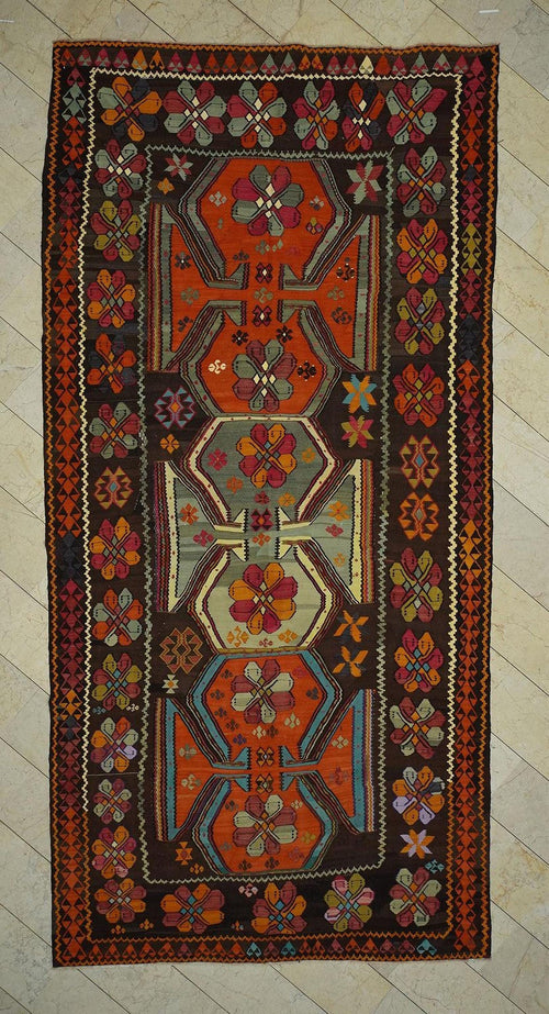 7x15 Old Turkish Kilim Rug: Flat Woven Wool Area Primitive Ethnic Decor Rugs.