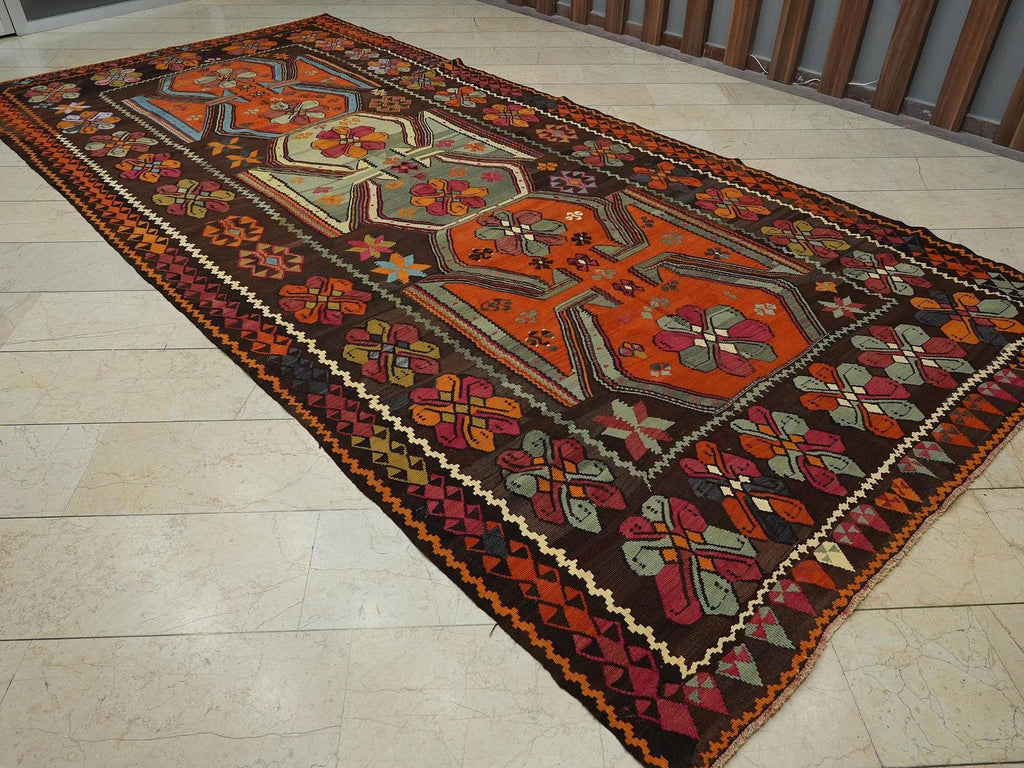 7x15 Old Turkish Kilim Rug: Flat Woven Wool Area Primitive Ethnic Decor Rugs.