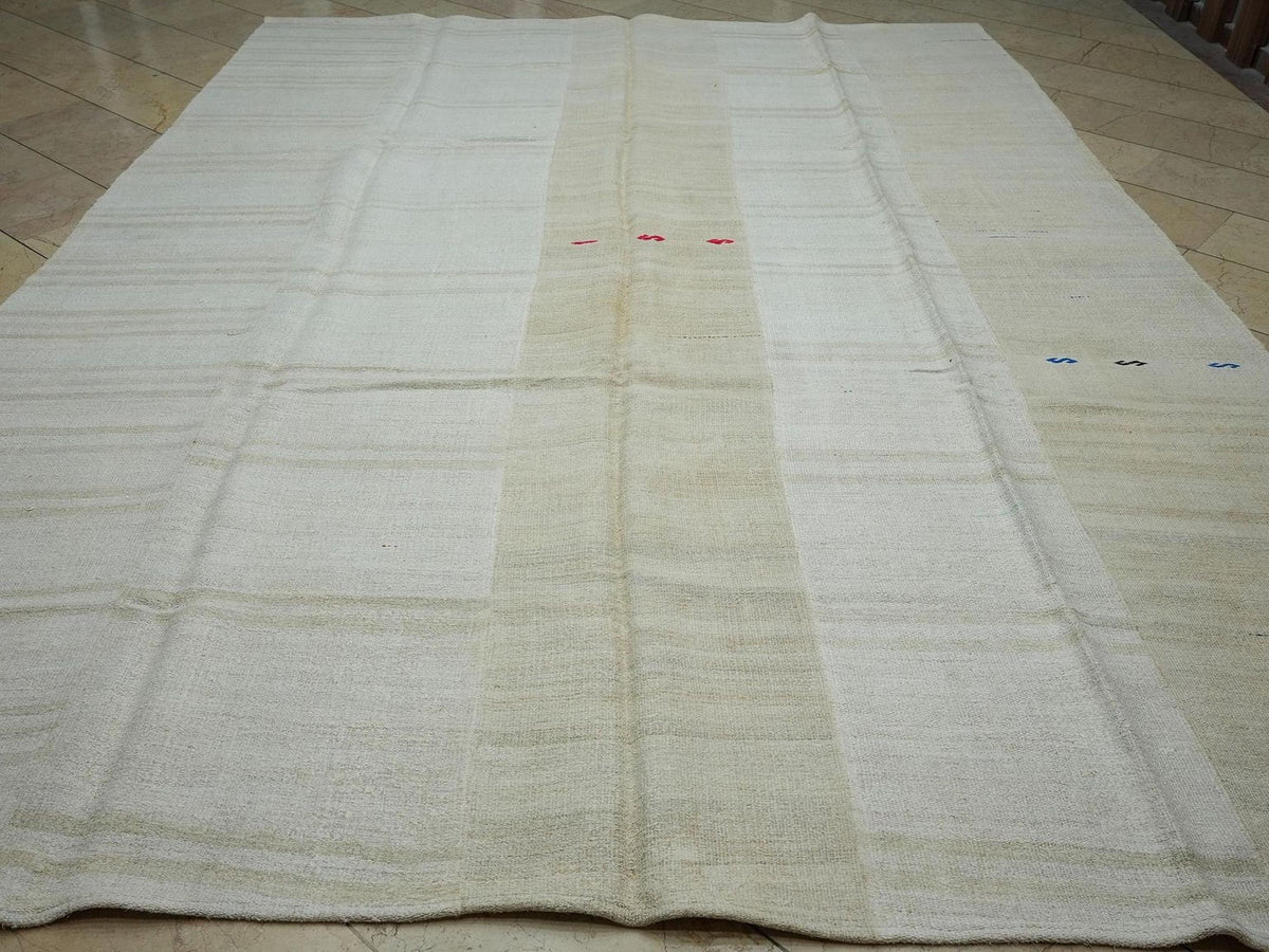 Minimalist Hemp Kilim Rug 9x12: Turkish Flat Woven Broken Stripe Rugs.