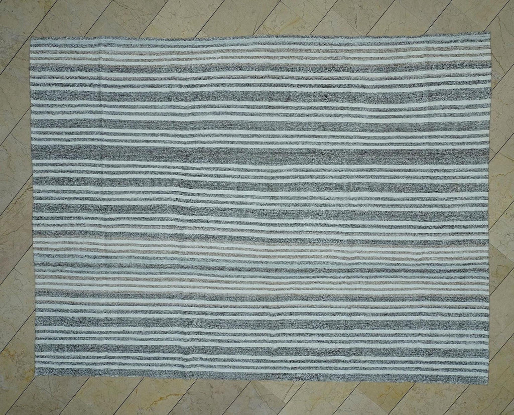 8x10 Oversized Kilim Rug: Minimalist White & Gray Striped Cotton Goat Hair Woven Rugs